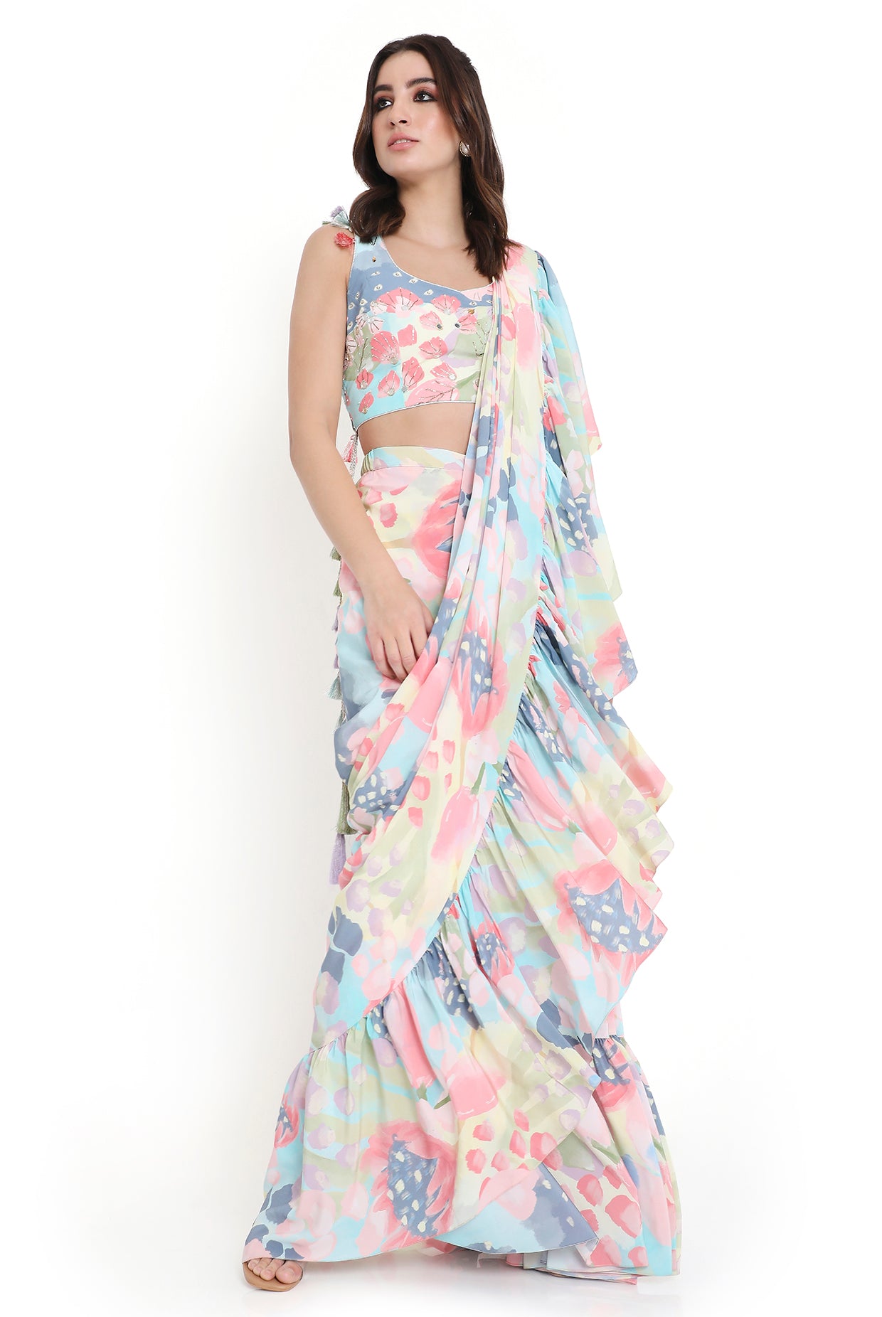 Marisa Euphoria Print Embroidered Choli With Ruffle Saree