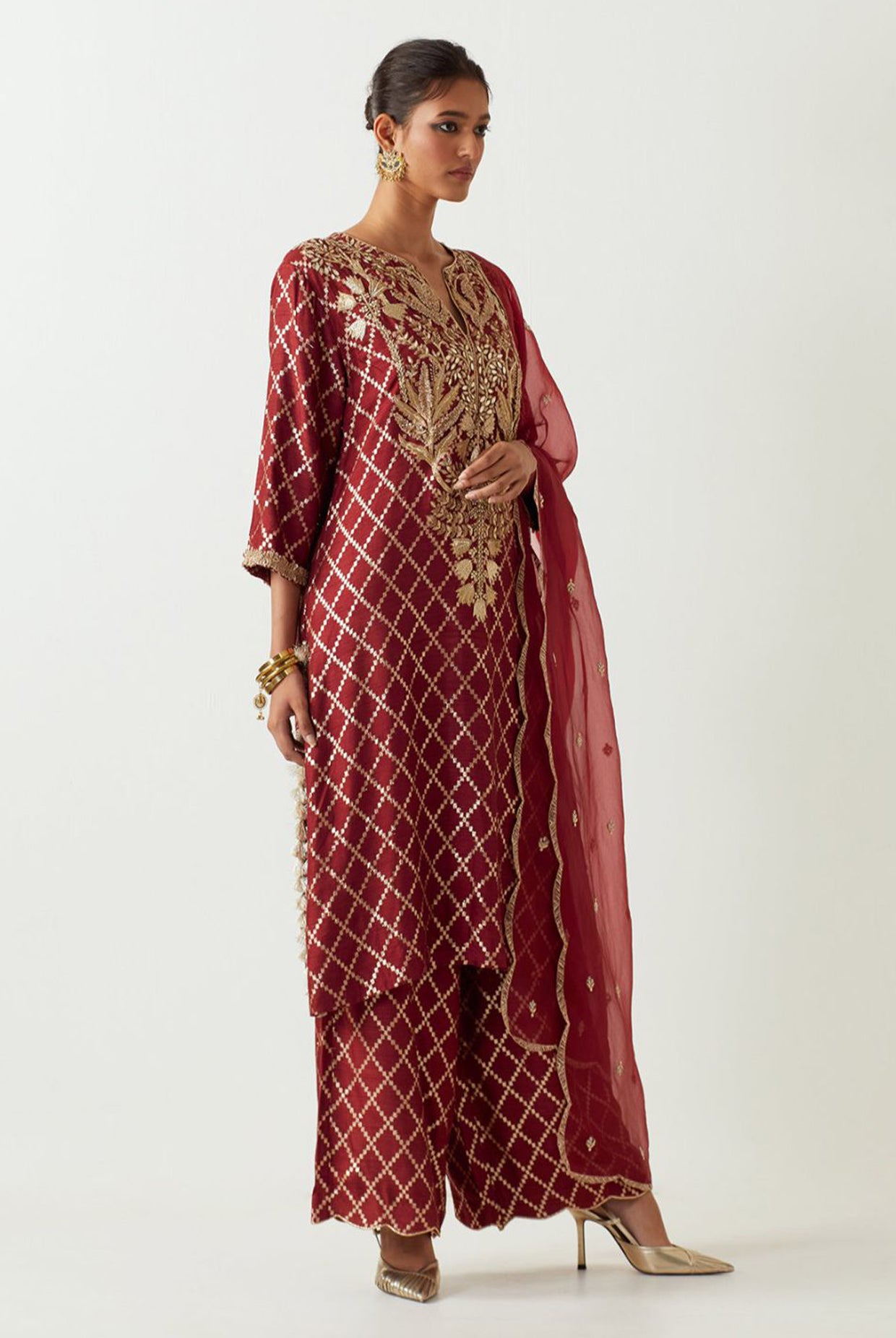 Maroon Embroidered Kurta With Pant And Embroidered Dupatta