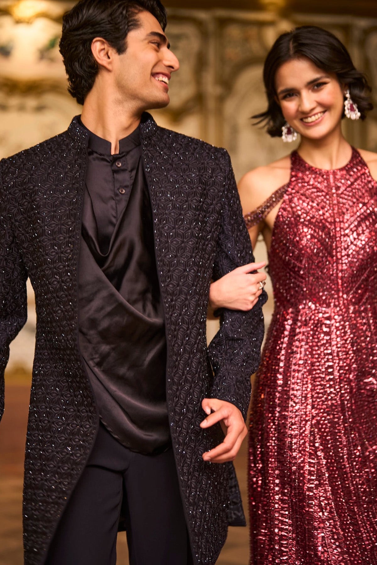 Maroon Sequin Halter Neck Gown