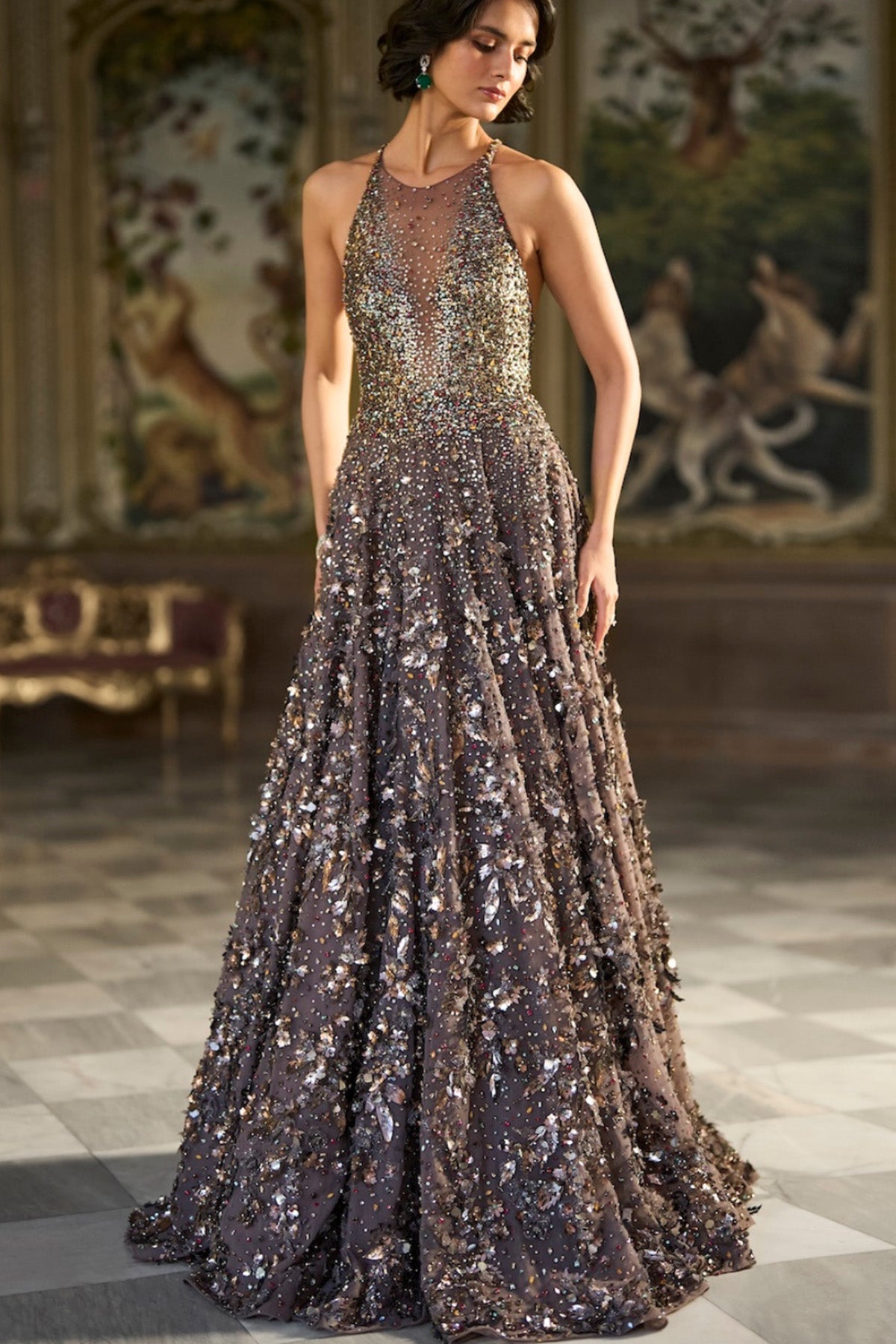 Metallic Antique Silver 3D Gown