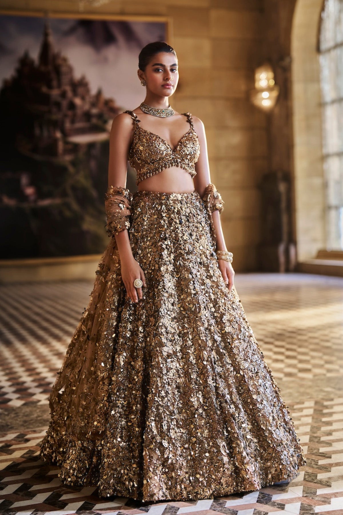 Metallic Gold 3D Lehenga Set