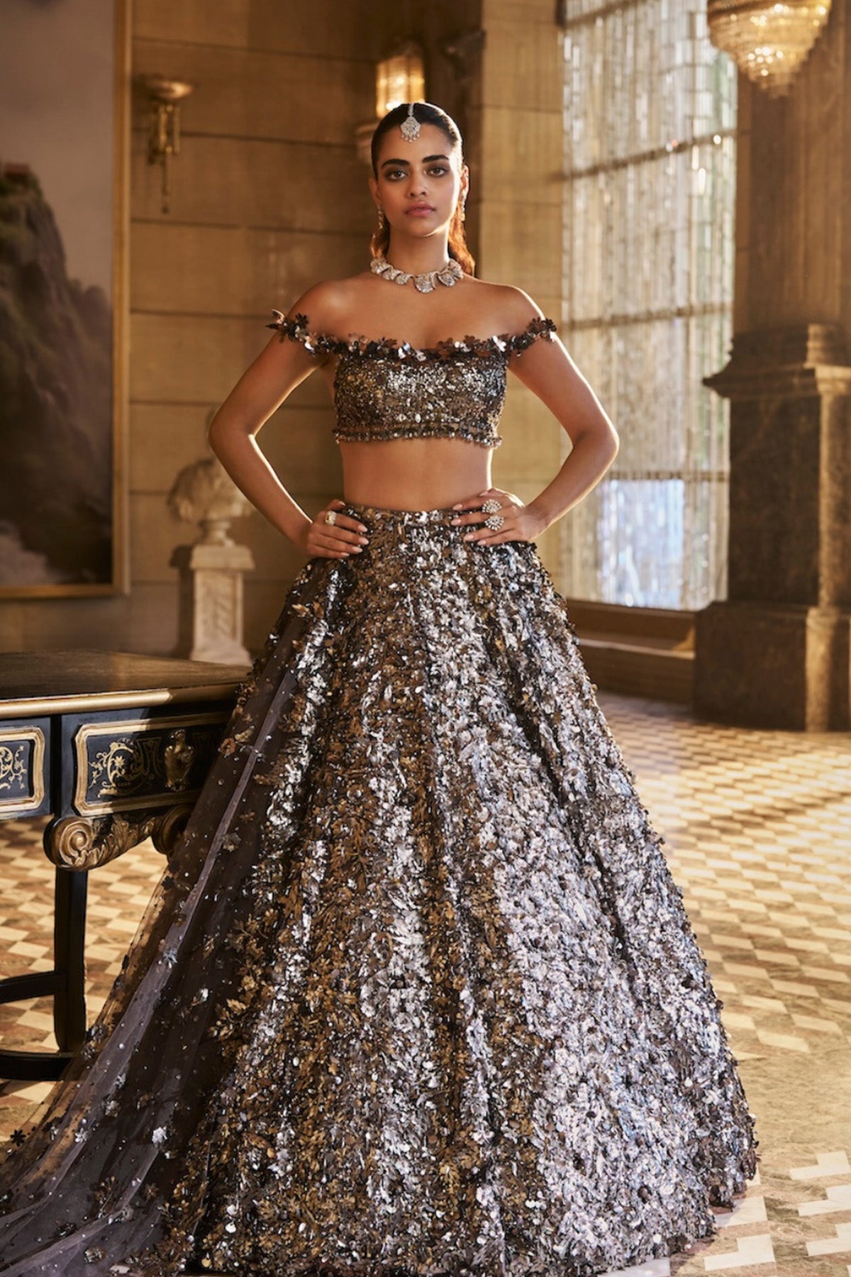 Metallic Silver 3D Lehenga Set