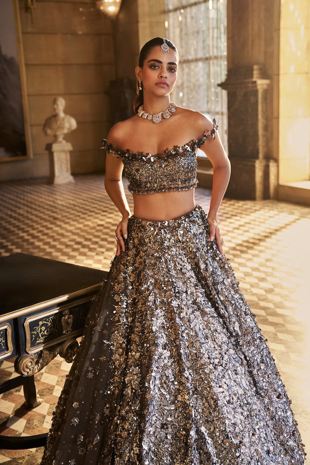 Metallic Silver 3D Lehenga Set