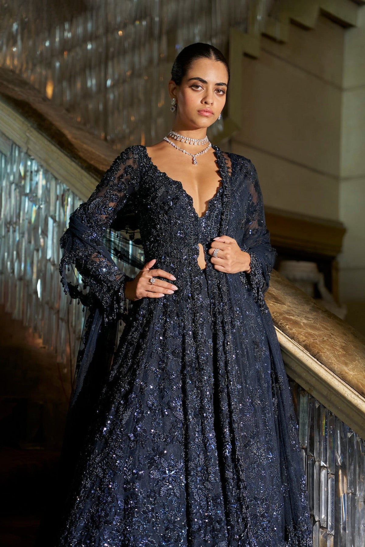 Midnight Blue Jacket Lehenga Set