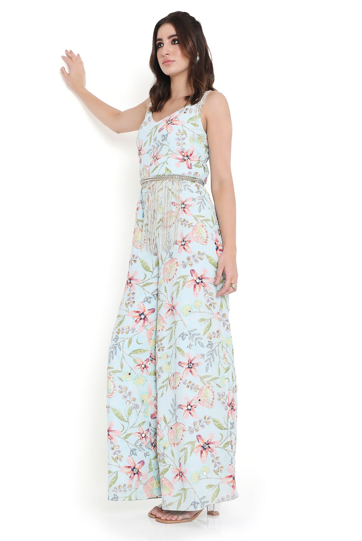 Milana Lavender Dream Print Embroidered Jumpsuit With Embroidered Leather Belt