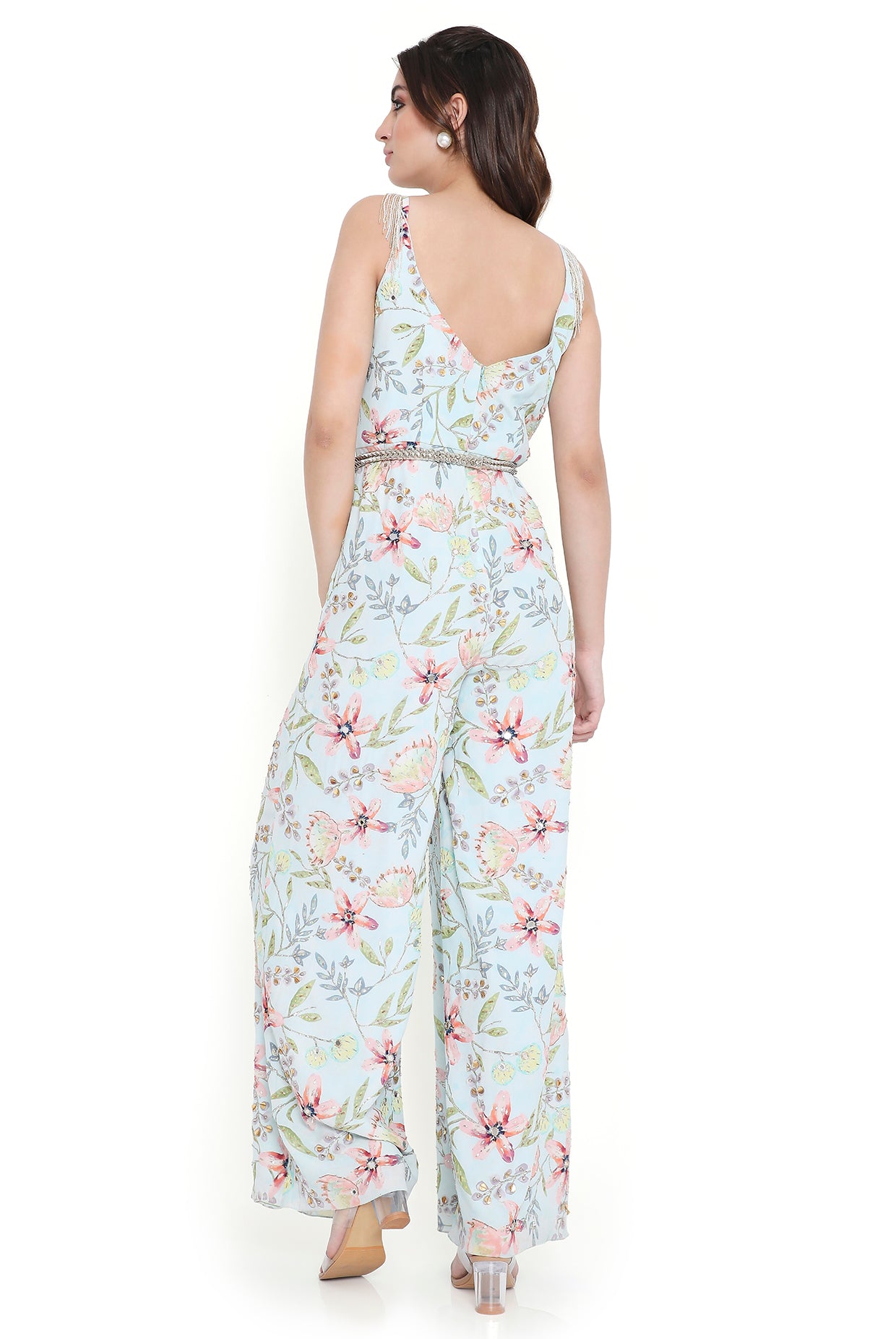 Milana Lavender Dream Print Embroidered Jumpsuit With Embroidered Leather Belt