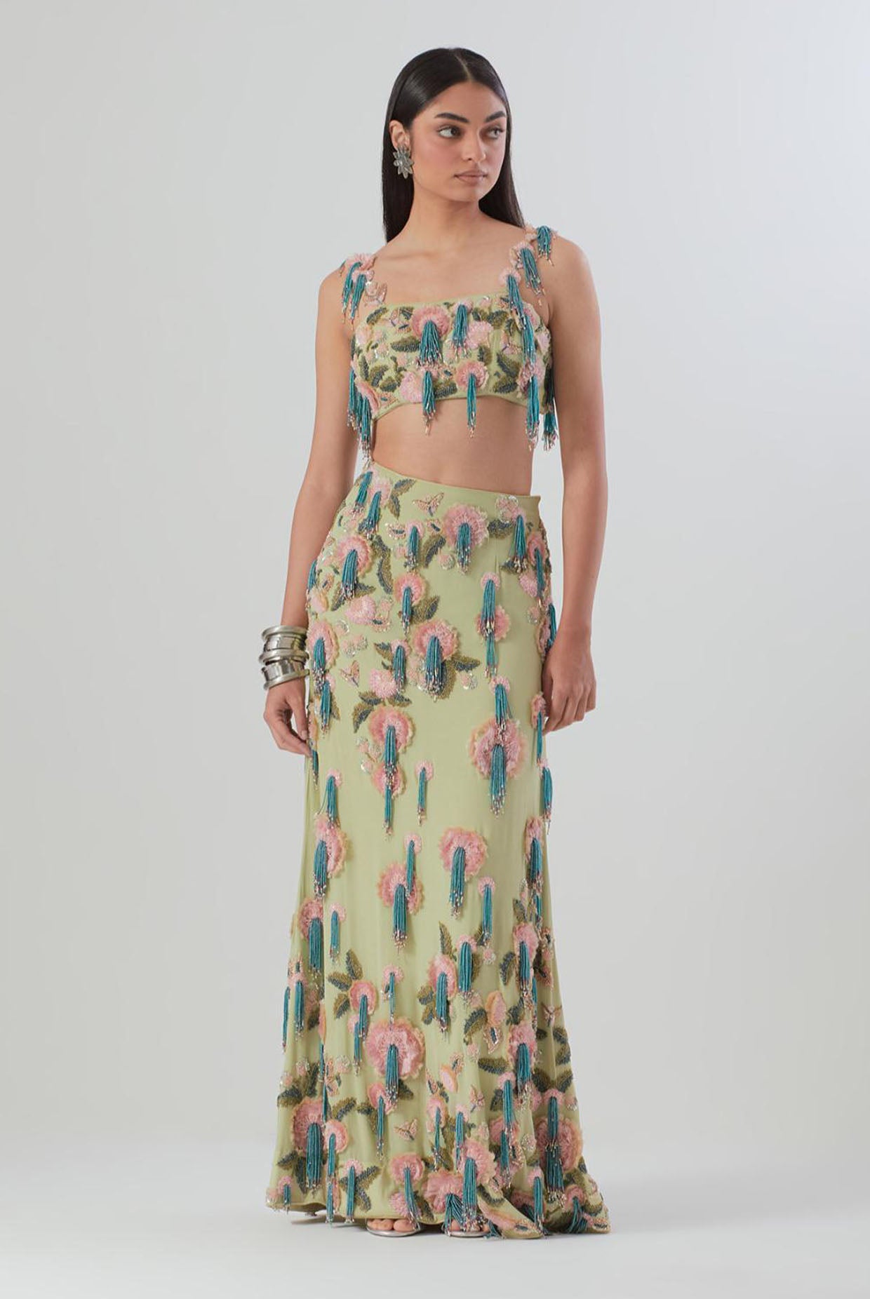 Mint Embroidered Bustier With Fitted Skirt