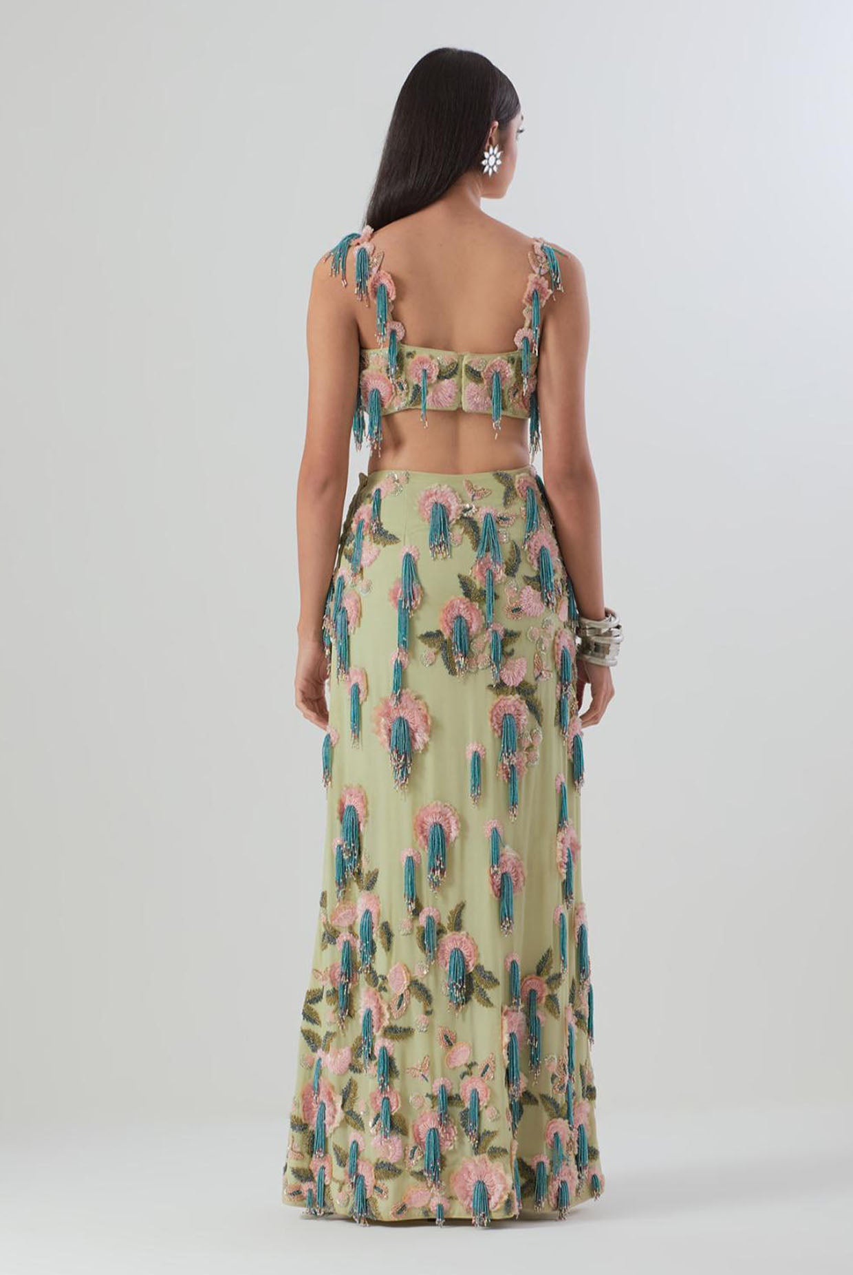 Mint Embroidered Bustier With Fitted Skirt