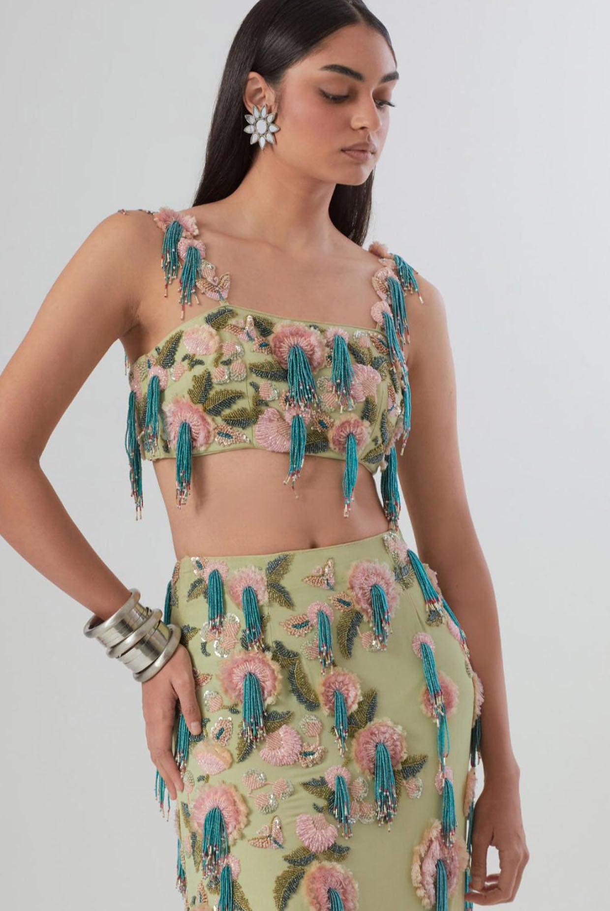 Mint Embroidered Bustier With Fitted Skirt