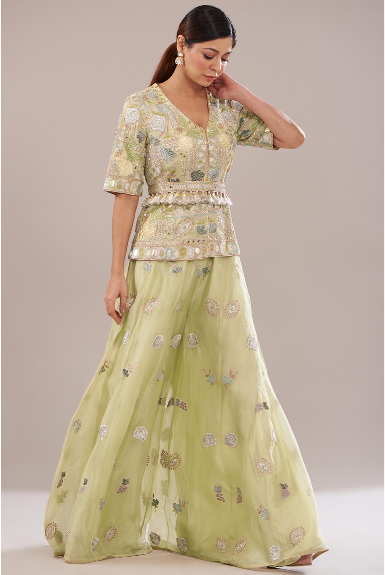 Mint Embroidered Kurta With Belt & Sharara