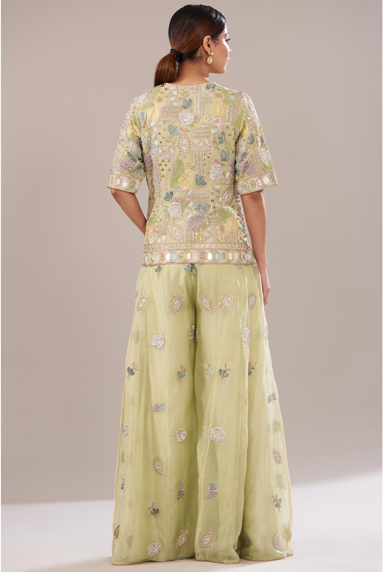 Mint Embroidered Kurta With Belt & Sharara