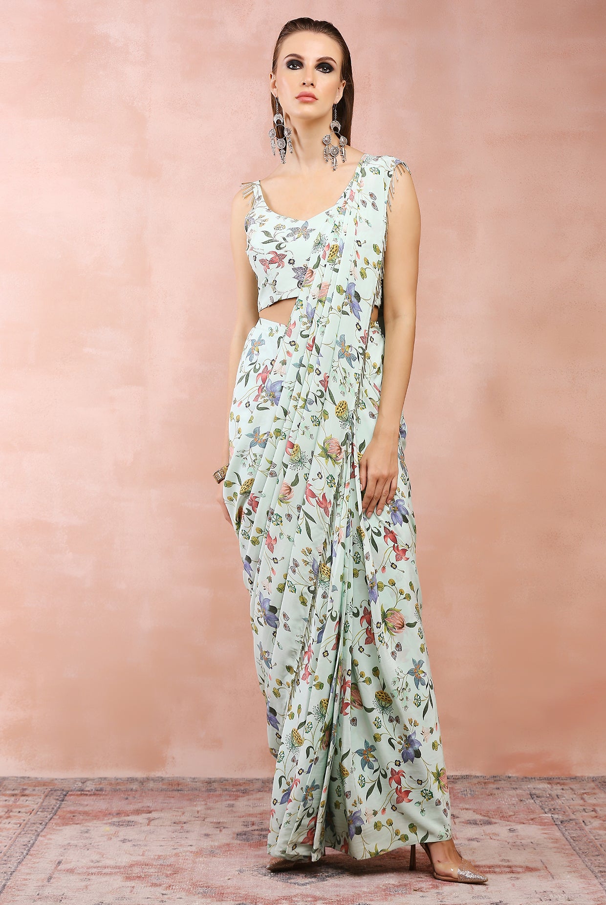 MINT NARGIS PRINT EMBROIDERED CHOLI WITH PRE-STITCHED SAREE