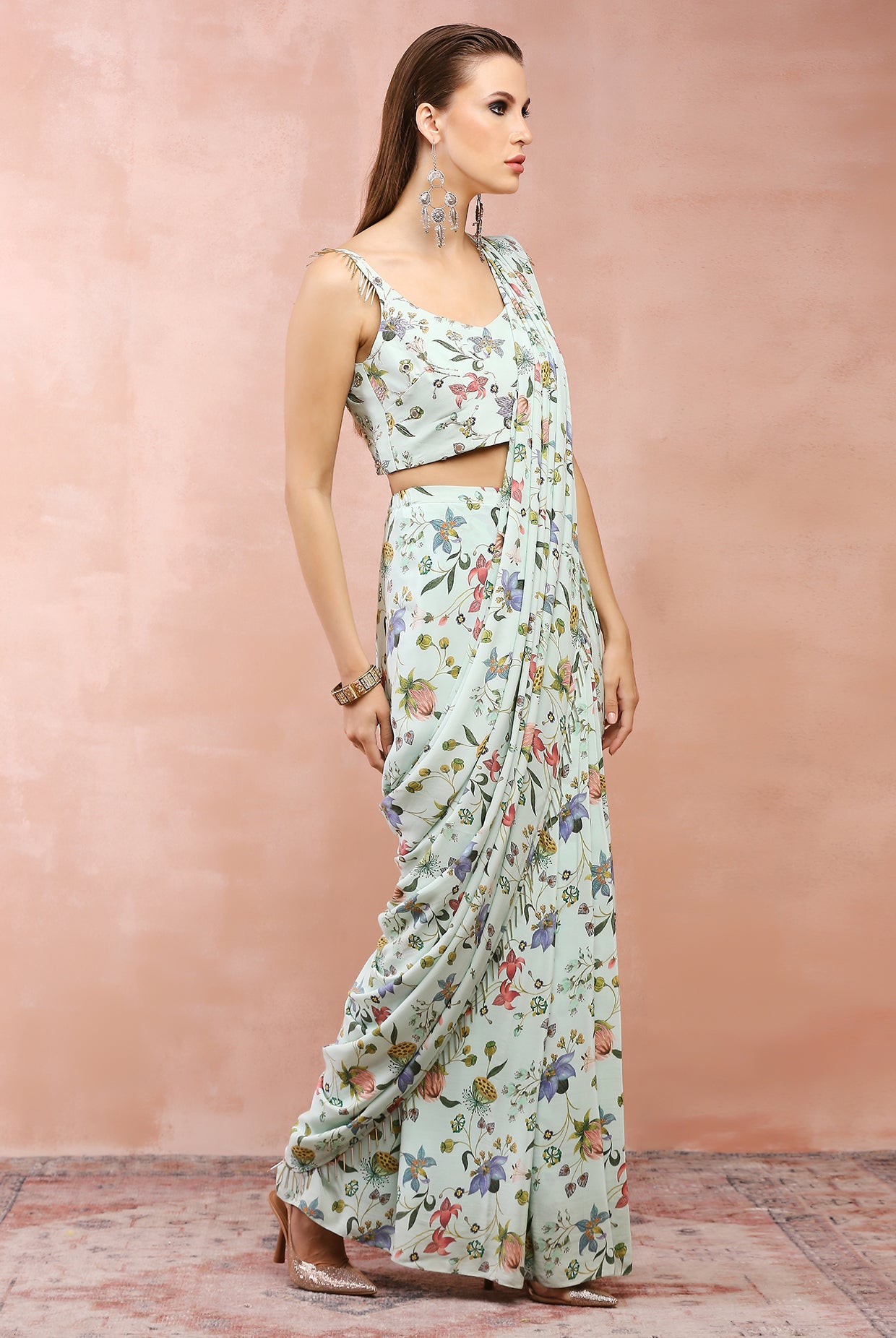 MINT NARGIS PRINT EMBROIDERED CHOLI WITH PRE-STITCHED SAREE