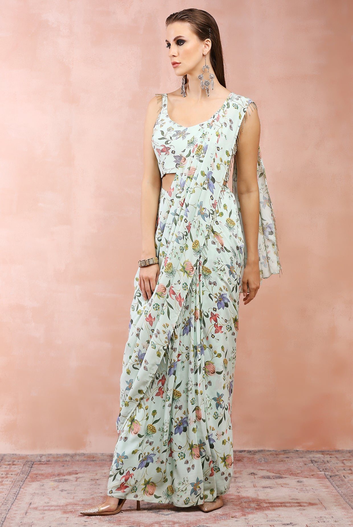 MINT NARGIS PRINT EMBROIDERED CHOLI WITH PRE-STITCHED SAREE