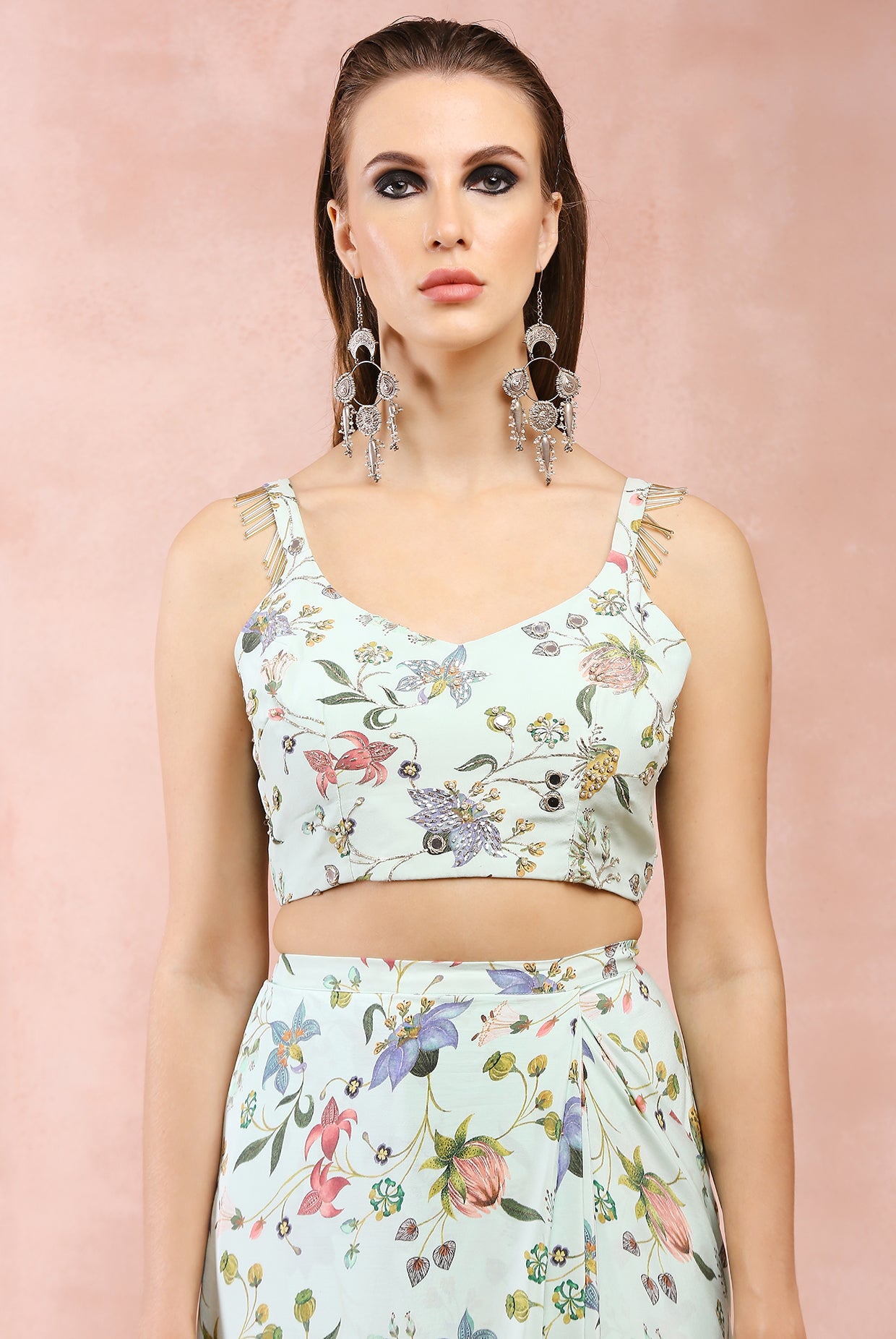 MINT NARGIS PRINT EMBROIDERED CHOLI WITH PRE-STITCHED SAREE