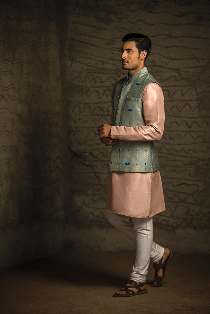 MINT PRINTED DUPION SILK BANDI WITH ROSE PINK SILK KURTA AND OFF WHITE COTTON SILK CHURIDAR