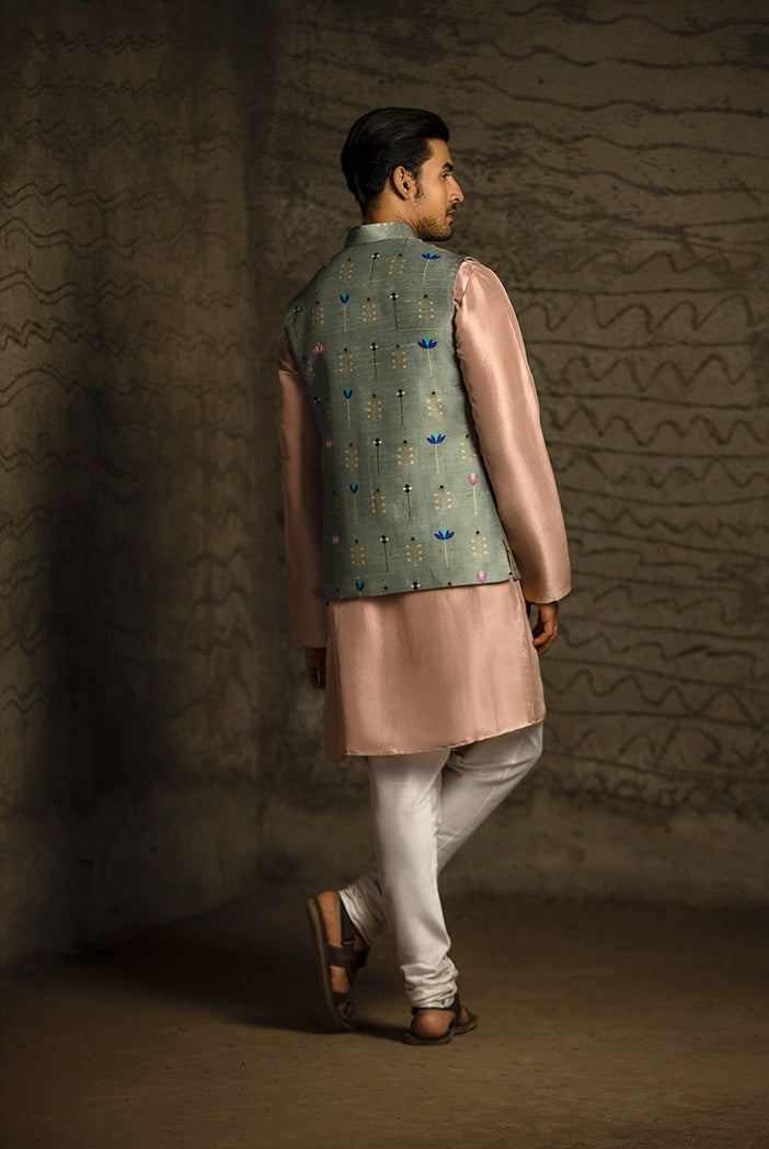 MINT PRINTED DUPION SILK BANDI WITH ROSE PINK SILK KURTA AND OFF WHITE COTTON SILK CHURIDAR