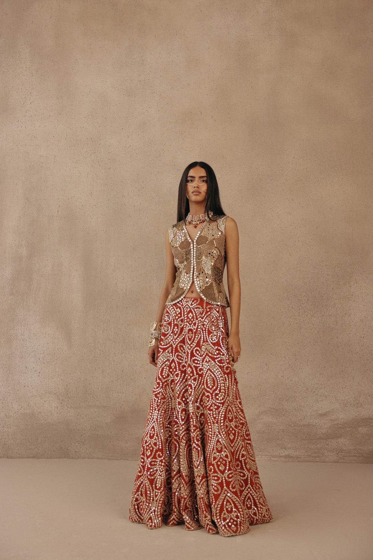 Mirrorwork Fish Cut Lehenga with Gilet and Dupatta
