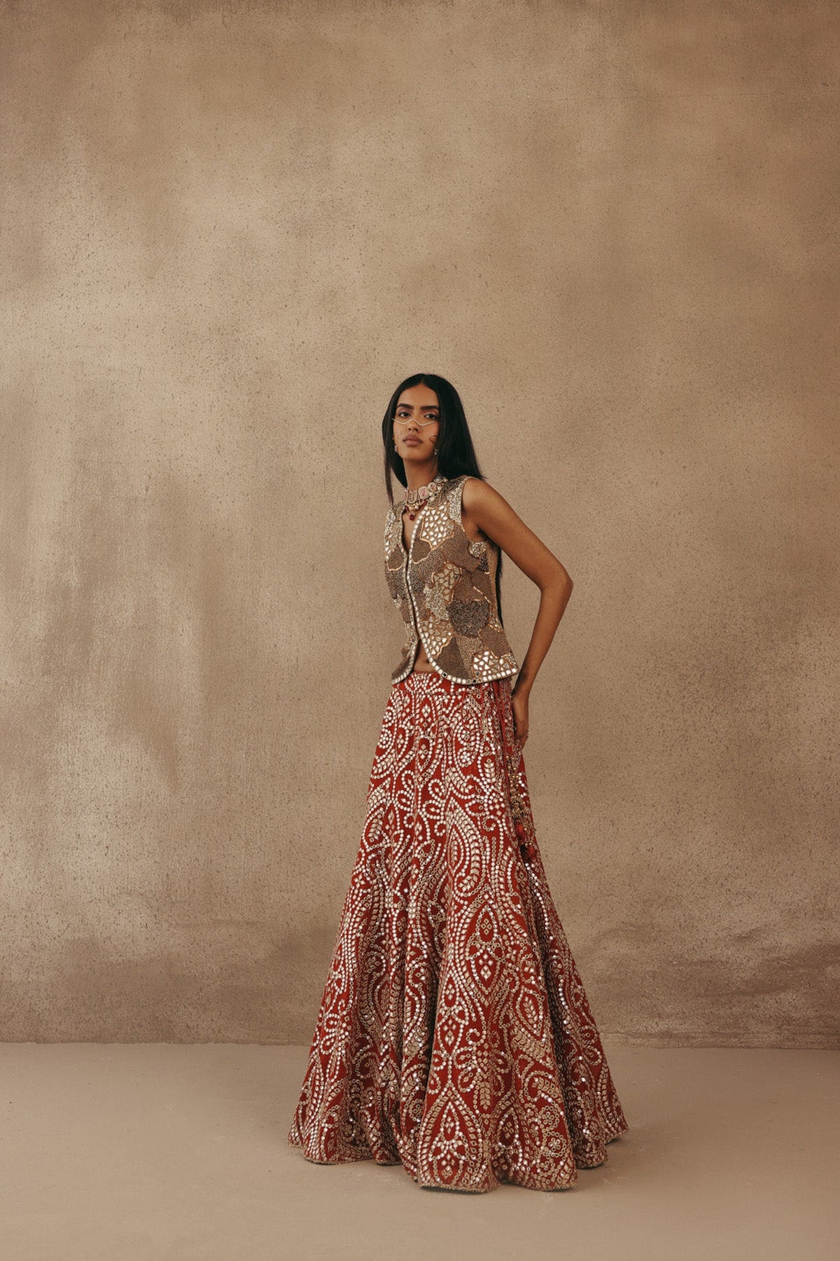 Mirrorwork Fish Cut Lehenga with Gilet and Dupatta