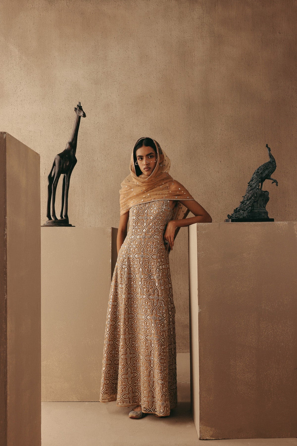 Mirrorwork Hi Neck Long Backless Dress