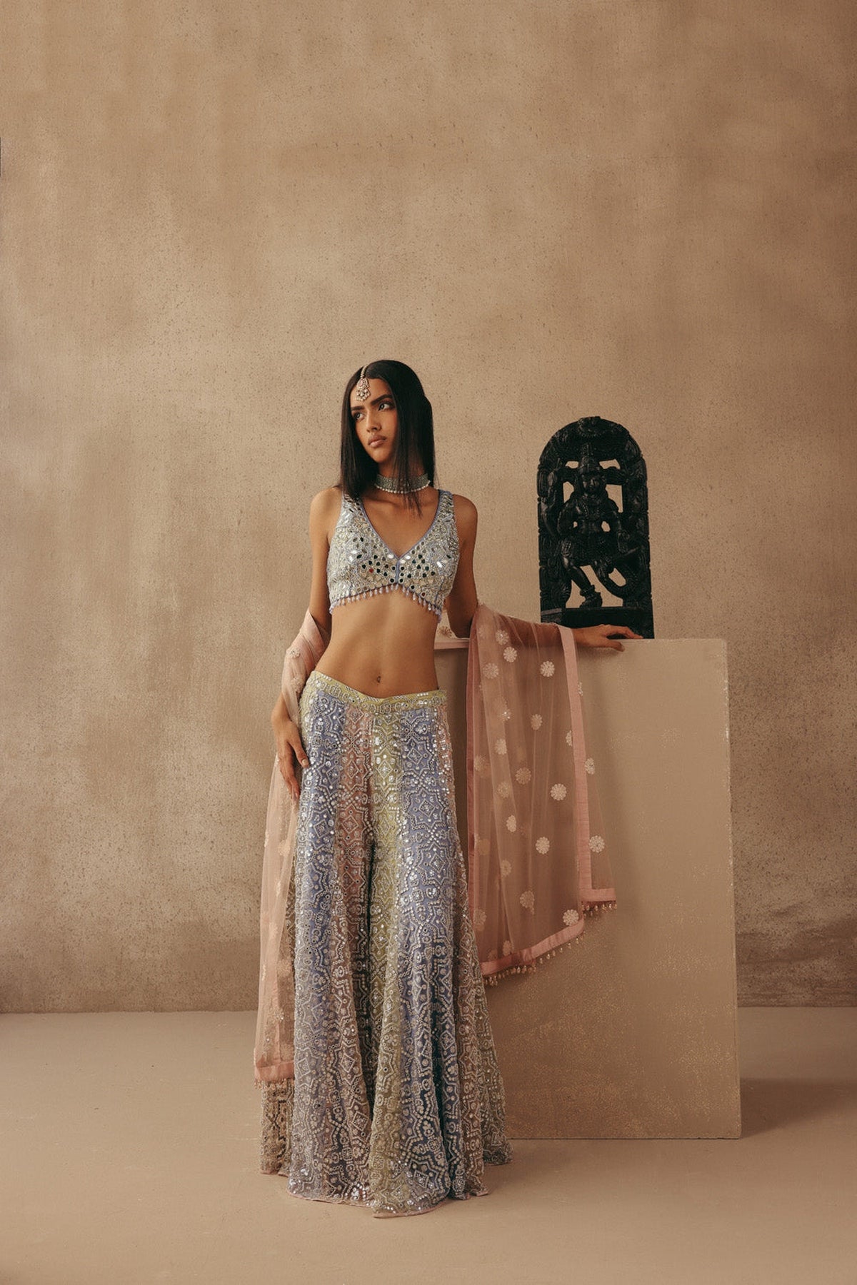 Mirrorwork Sharara Lehenga with Sleeveless Blouse and Mw Tulle Dupatta
