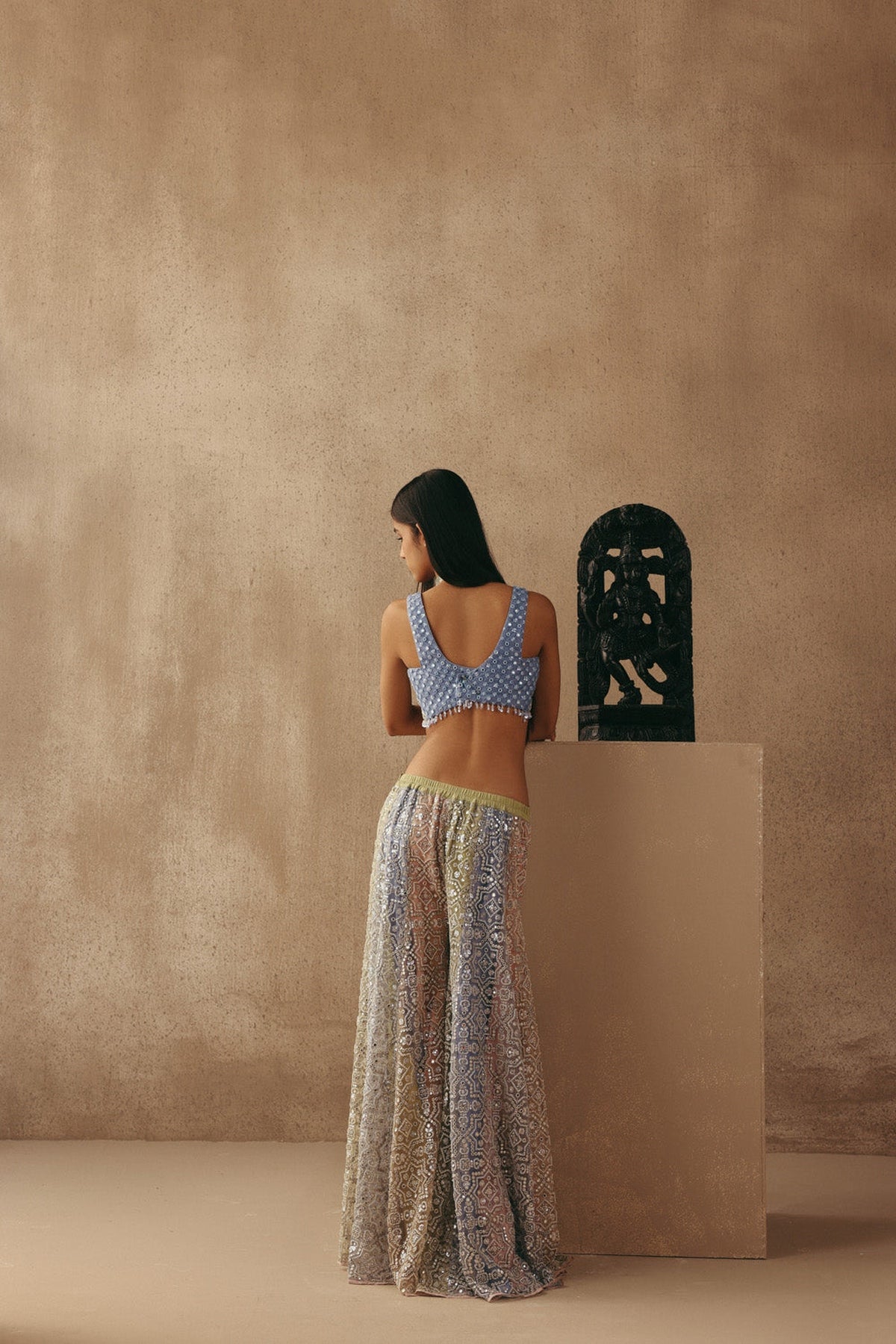 Mirrorwork Sharara Lehenga with Sleeveless Blouse and Mw Tulle Dupatta