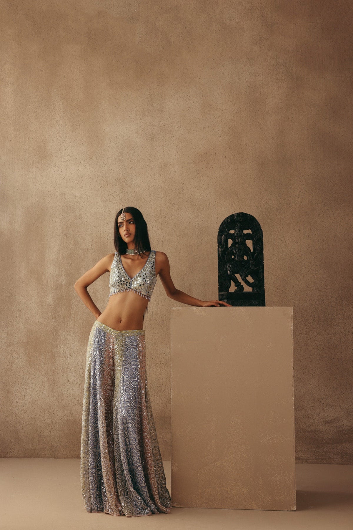 Mirrorwork Sharara Lehenga with Sleeveless Blouse and Mw Tulle Dupatta