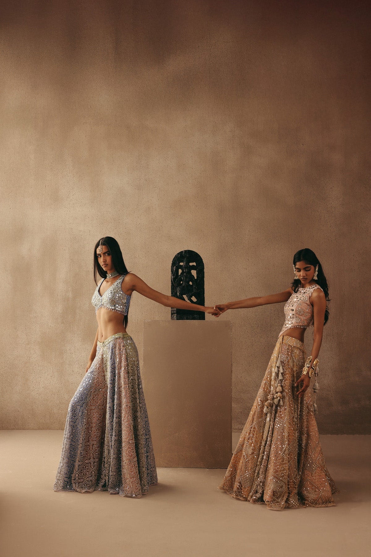 Mirrorwork Sharara Lehenga with Sleeveless Blouse and Mw Tulle Dupatta