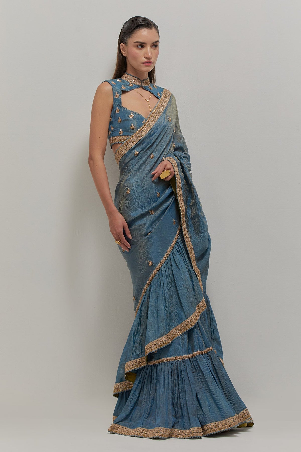 Mist Blue Ruffle Saree Set