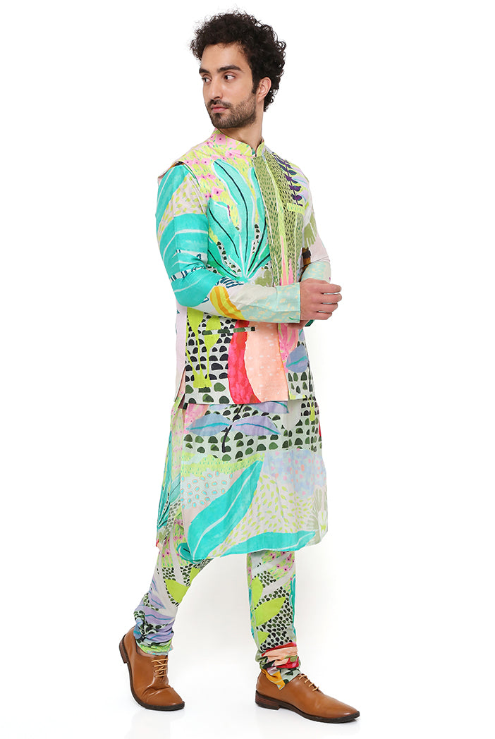 MONET TROPICAL PRINT DUPION SILK BANDI WITH SILKMUL KURTA AND CHURIDAR