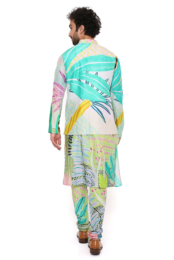 MONET TROPICAL PRINT DUPION SILK BANDI WITH SILKMUL KURTA AND CHURIDAR