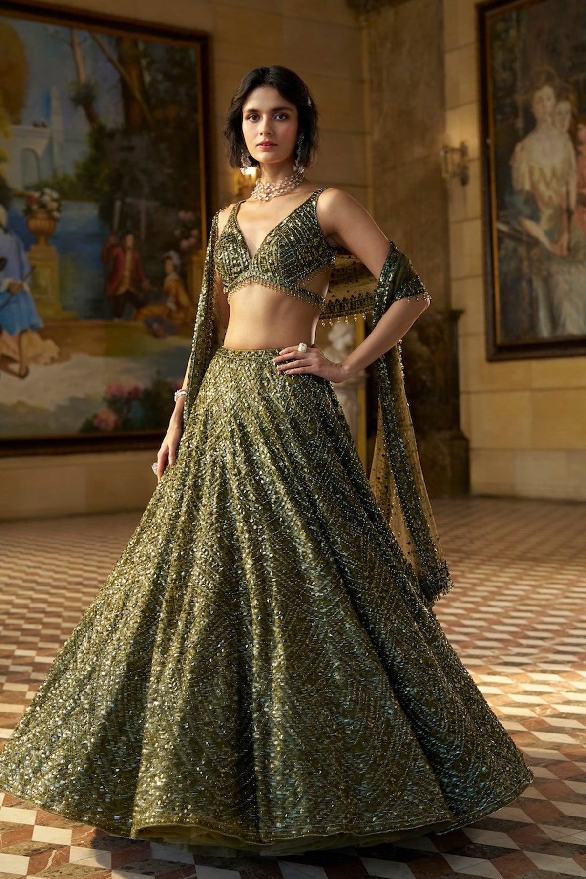 Moss Green Sequin Lehenga Set