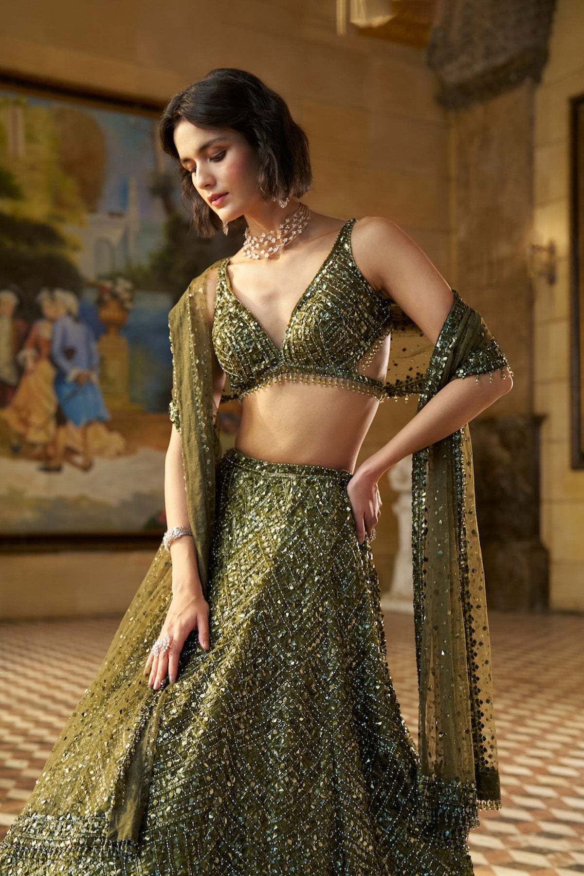 Moss Green Sequin Lehenga Set