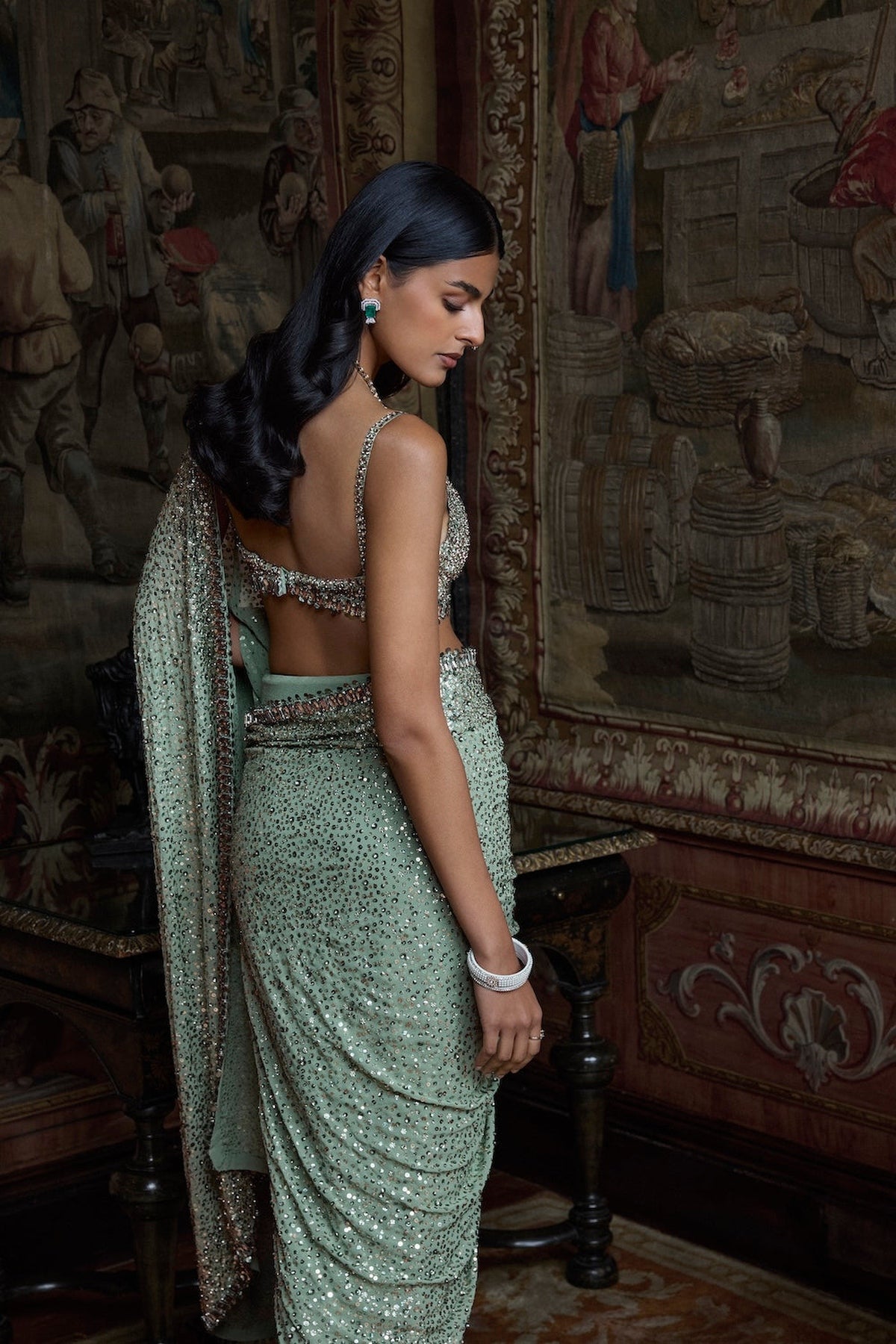 Moss Green Sequin Saree