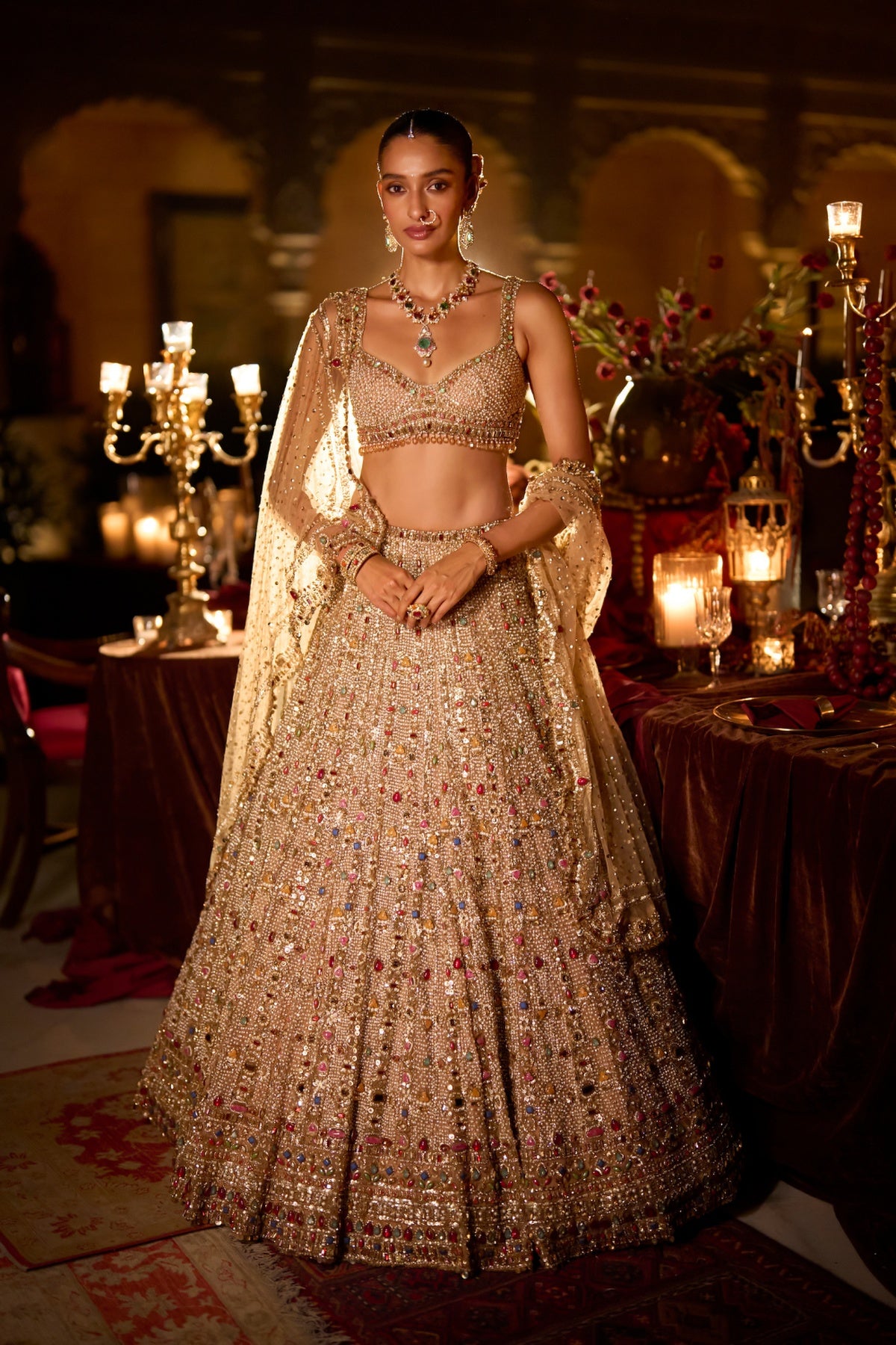 Multi-Coloured Stone & Pearl Lehenga Set