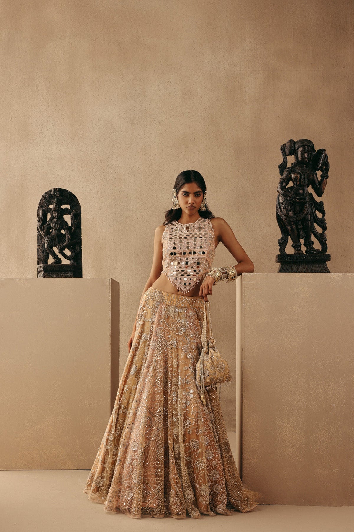 Multicolour Mirrorwork Lehenga with Corset and Dupatta