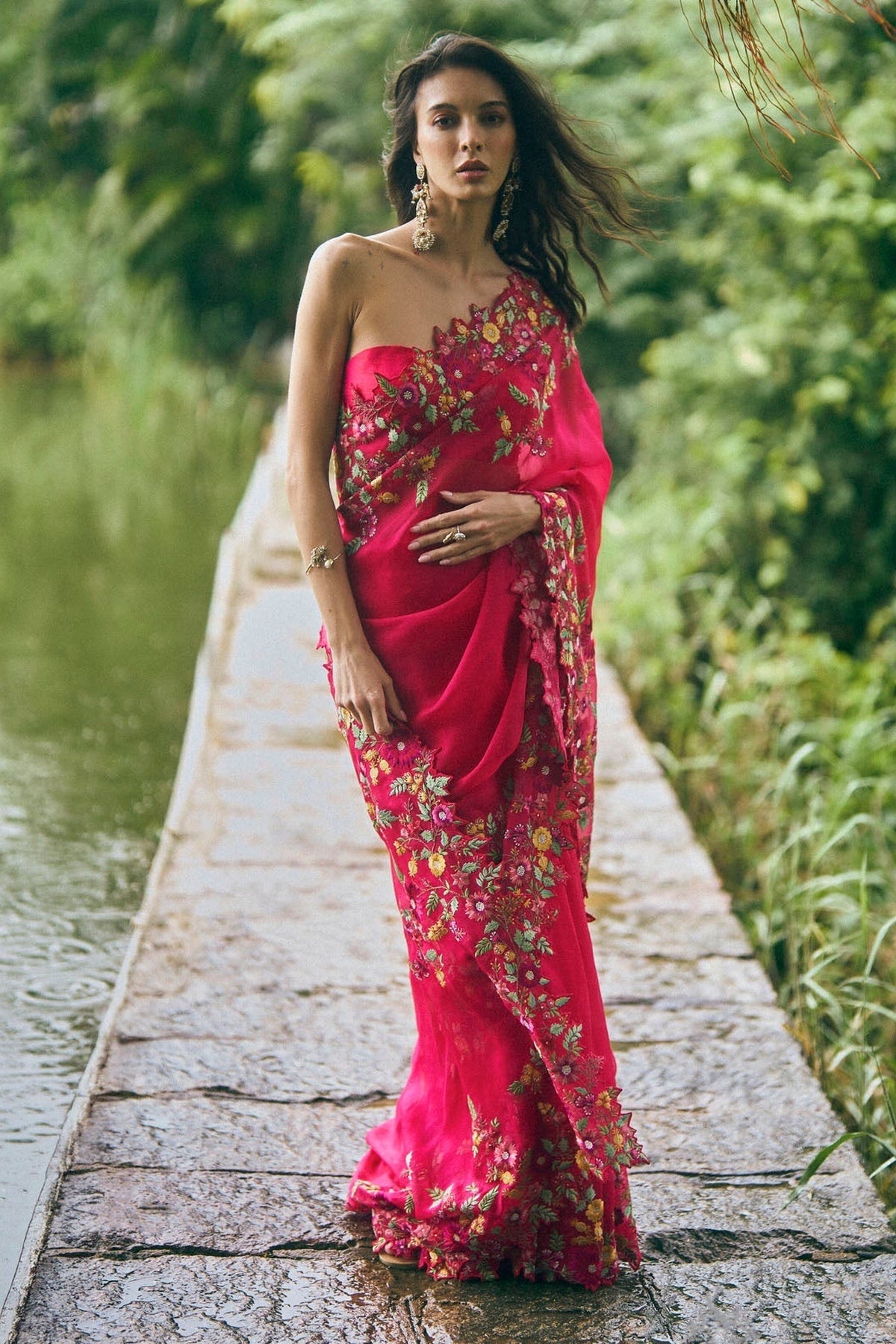 Multithread Embroidered Saree Set