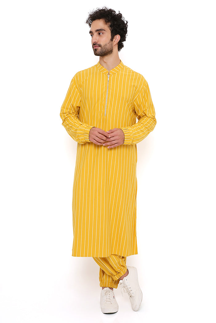 MUSTARD STRIPE LYCRA BOMBER KURTA WITH JOGGER PANT