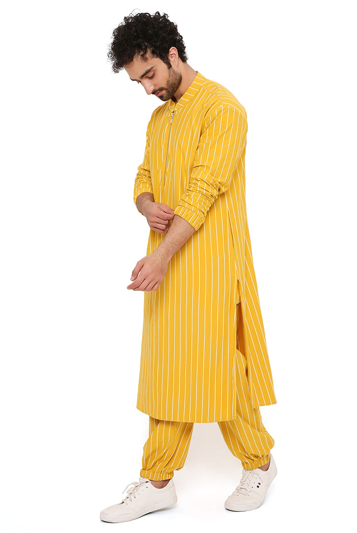 MUSTARD STRIPE LYCRA BOMBER KURTA WITH JOGGER PANT