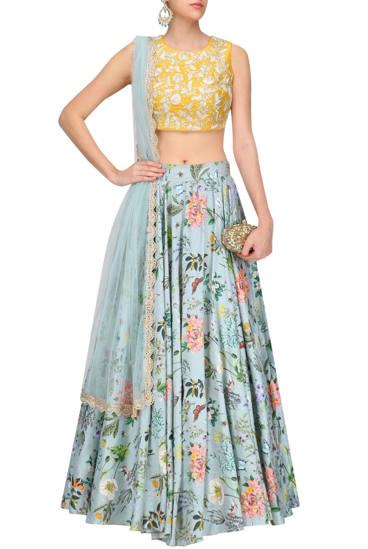 Mustard Yellow Embroidered Choli With Blue Lehenga & Blue Dupatta