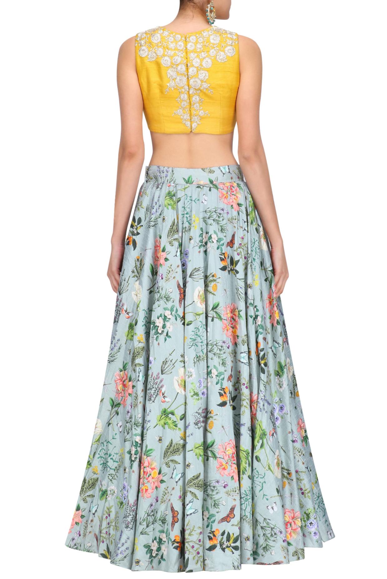 Mustard Yellow Embroidered Choli With Blue Lehenga & Blue Dupatta