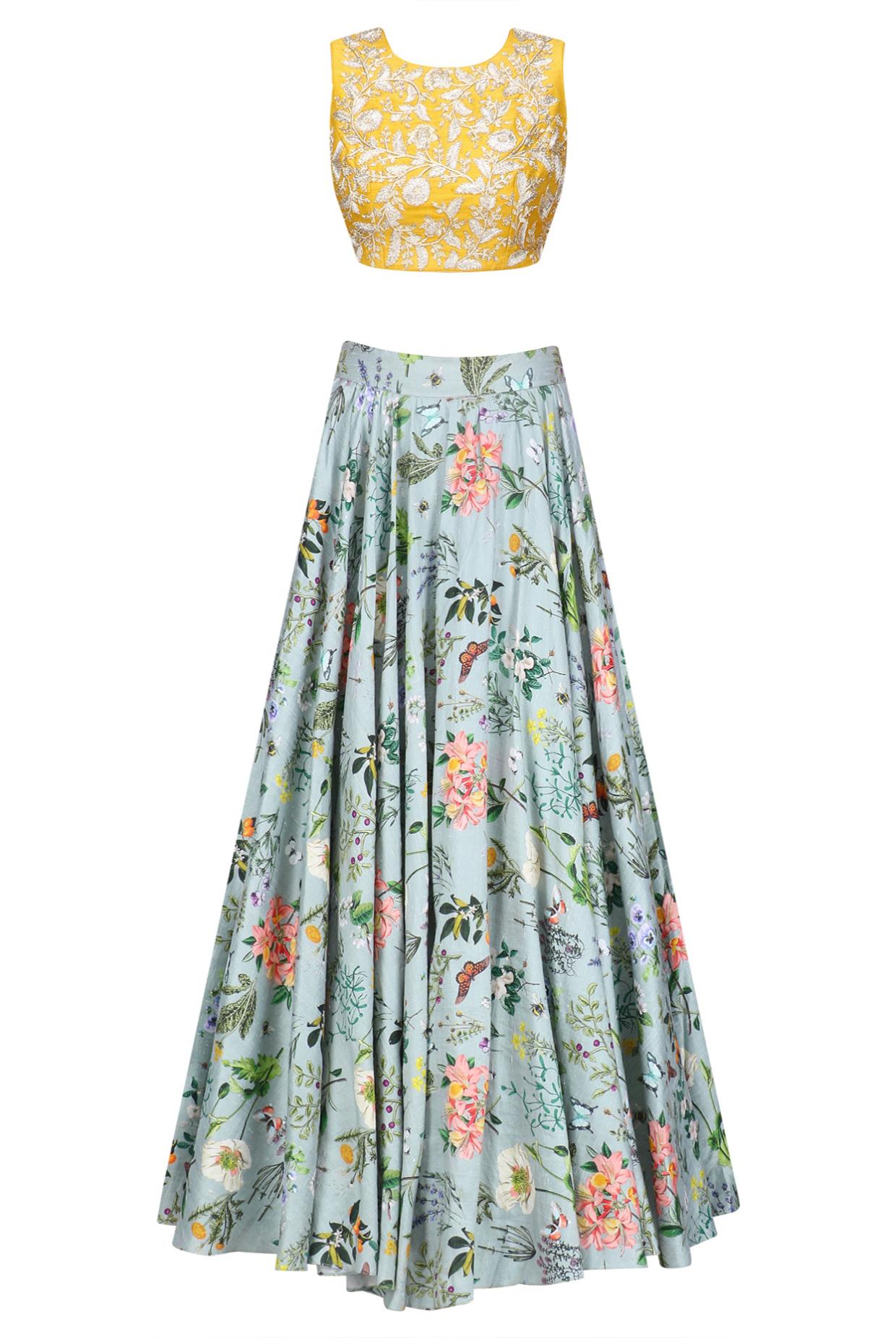 Mustard Yellow Embroidered Choli With Blue Lehenga & Blue Dupatta