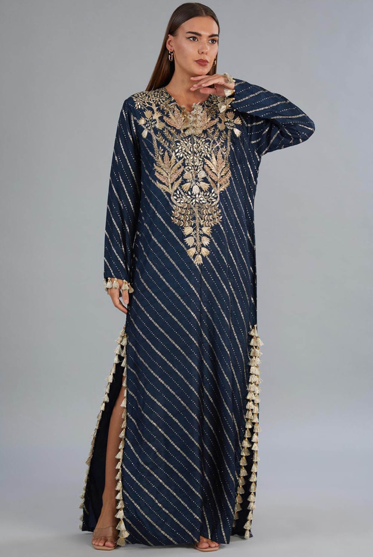 Navy Blue Dola Silk Embroidered Long Beyza Kaftan Navy Blue Dola Silk Embroidered Long Beyza Kaftan