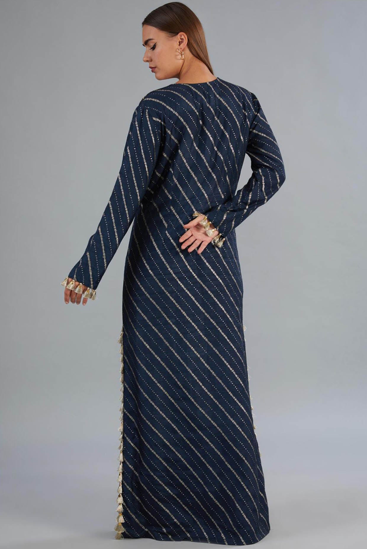 Navy Blue Dola Silk Embroidered Long Beyza Kaftan