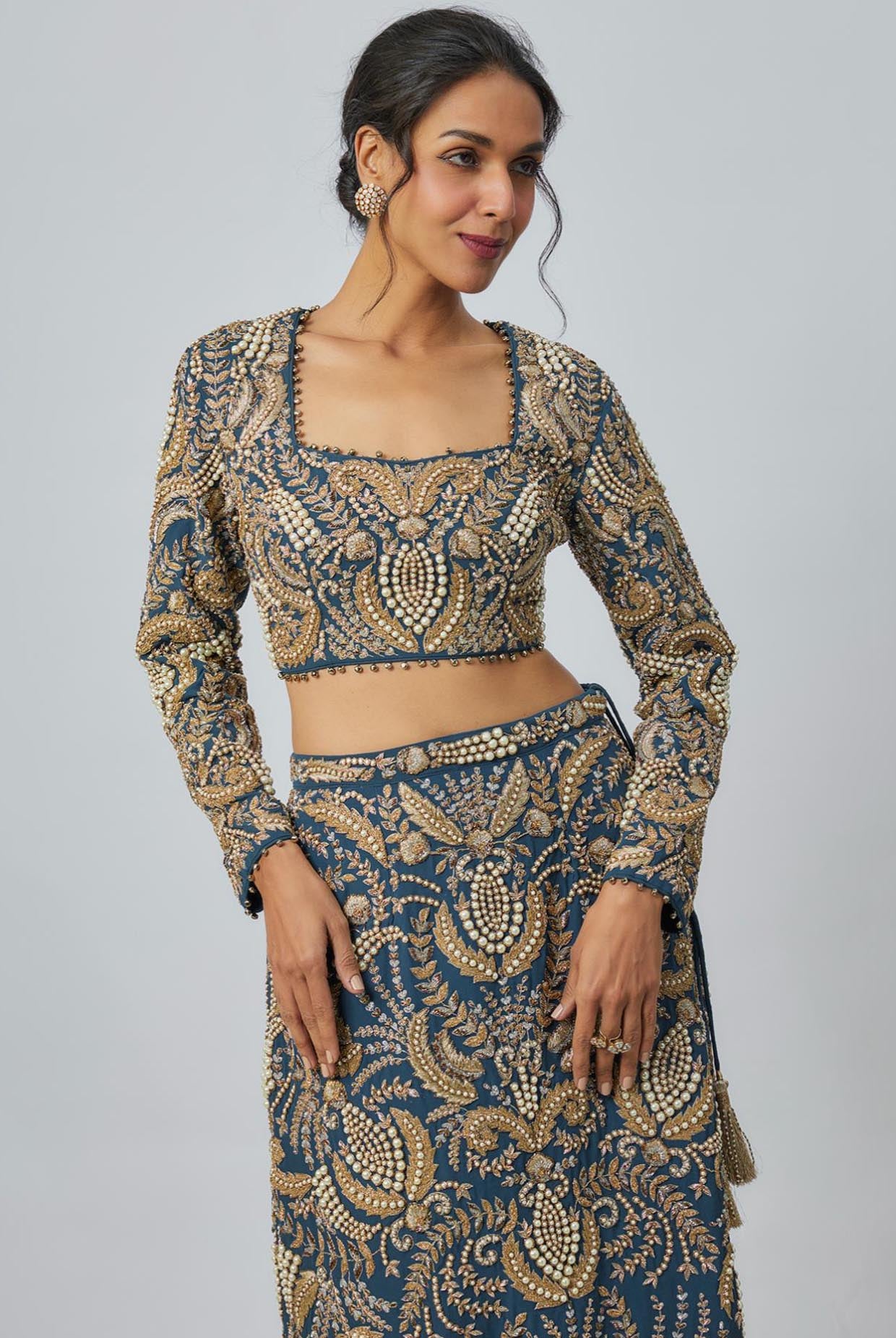 Navy Blue Embroidered Choli With Embroidered Skirt
