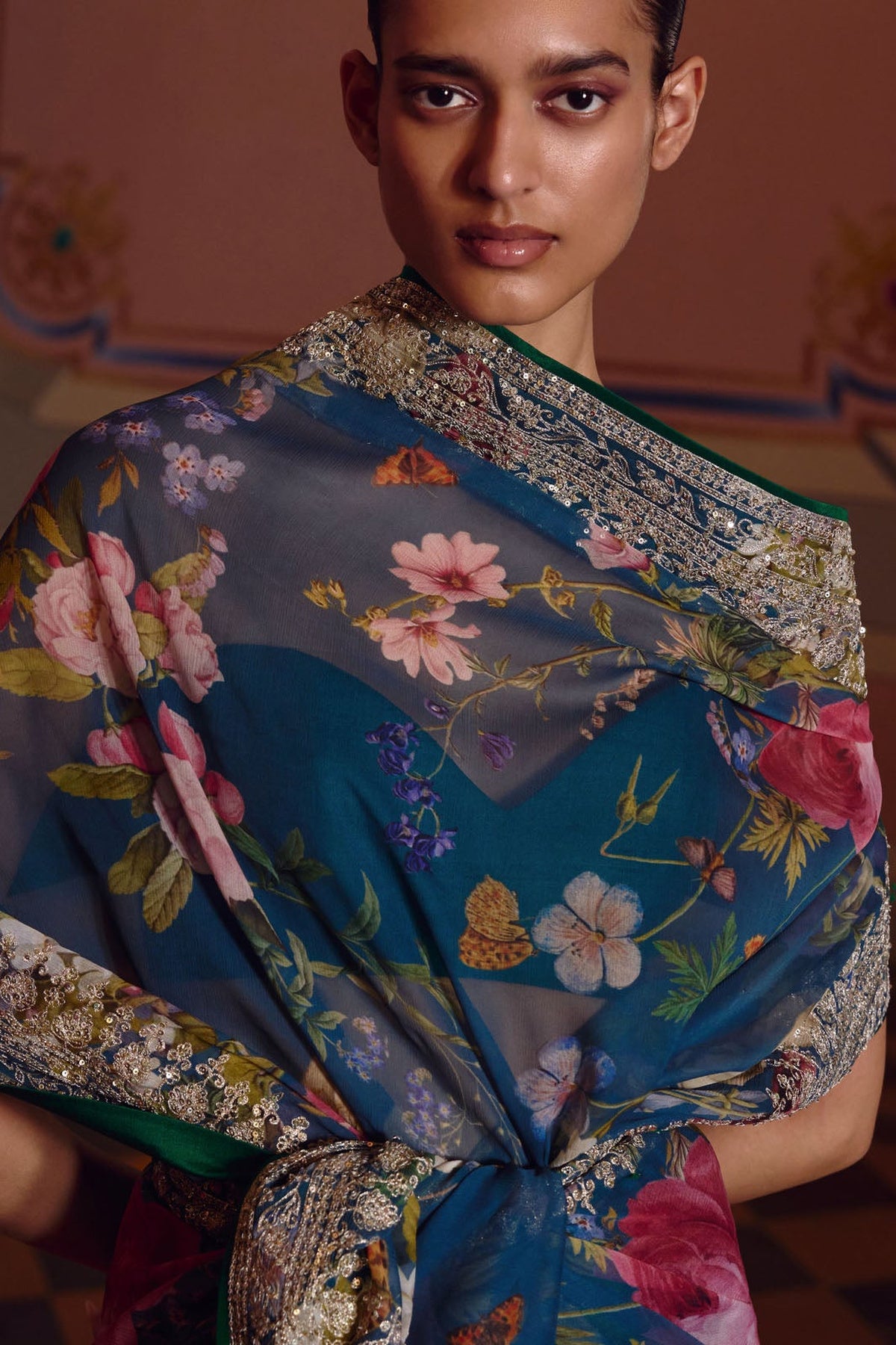 Navy Blue Ruh Printed Saree Set