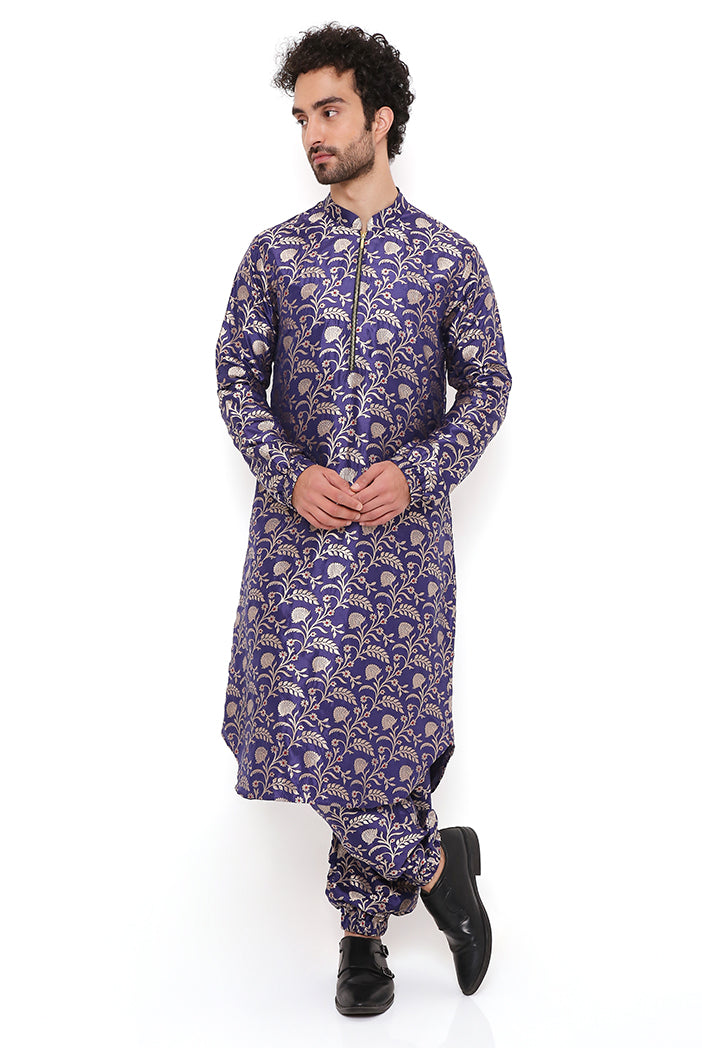 NAVY SILK BROCADE BOMBER KURTA WITH JOGGER PANT