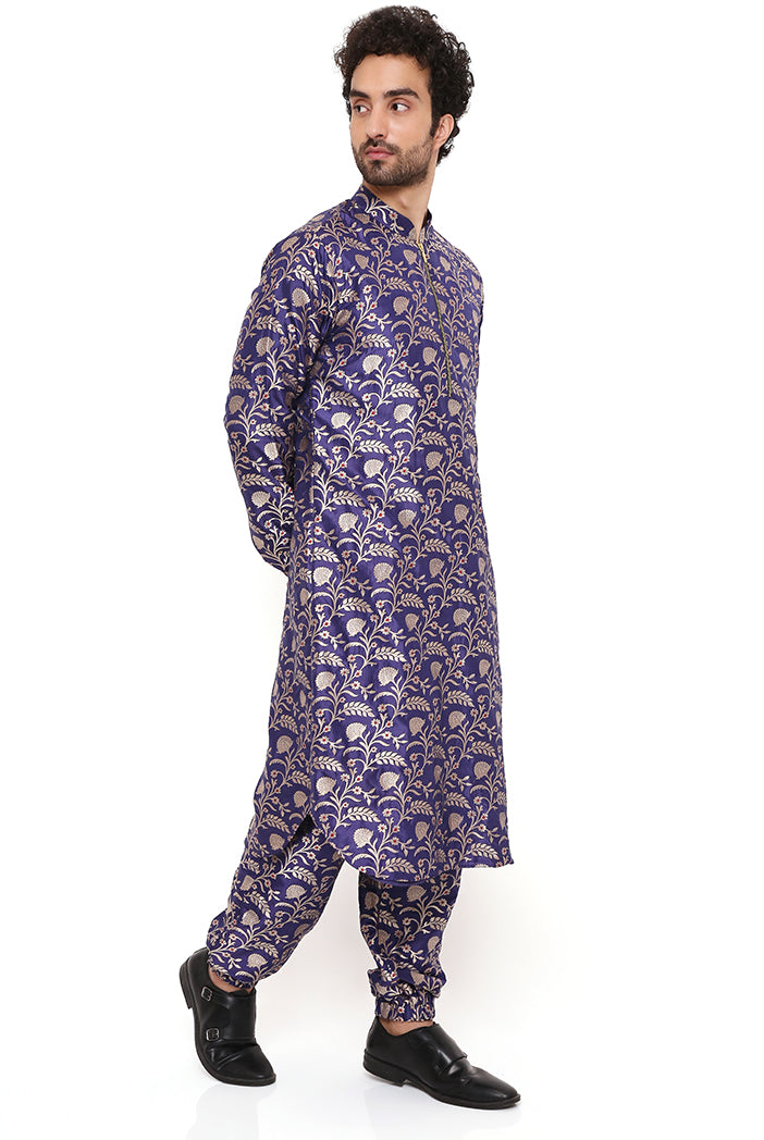 NAVY SILK BROCADE BOMBER KURTA WITH JOGGER PANT