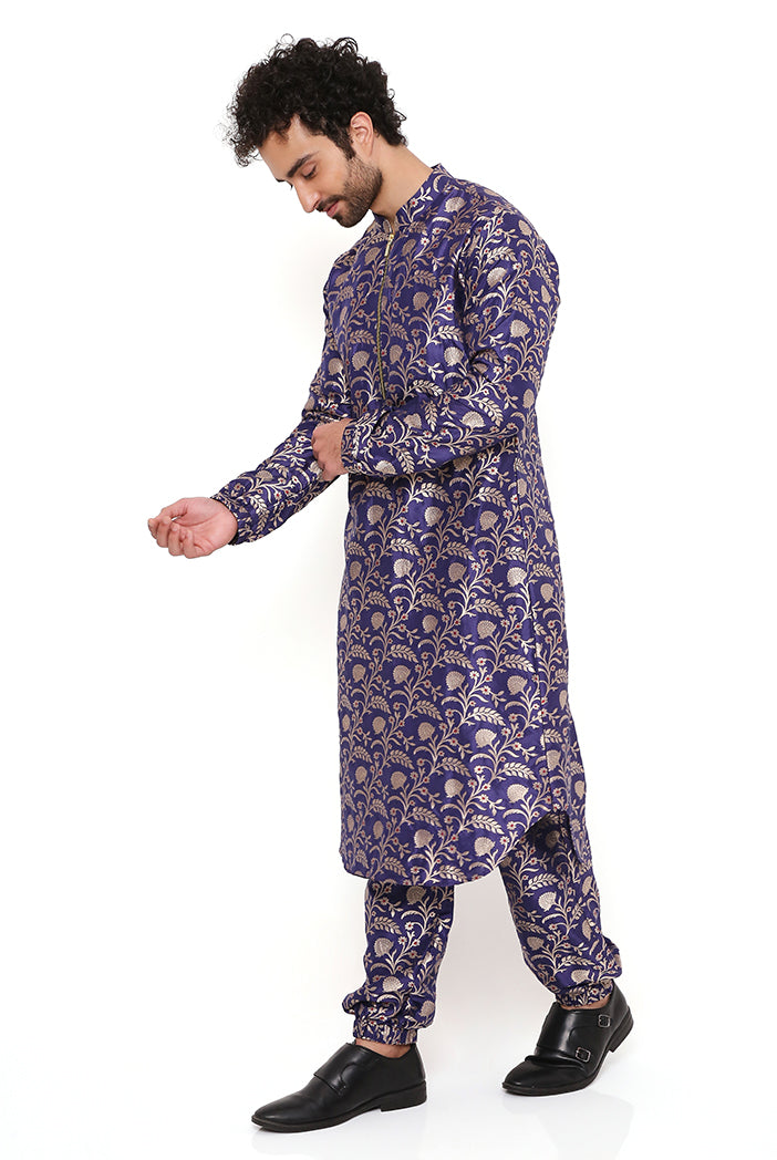 NAVY SILK BROCADE BOMBER KURTA WITH JOGGER PANT
