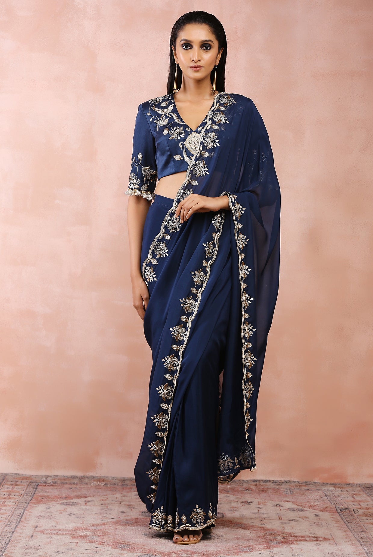 NAVY CHOLI AND PRESTITCHED SAREE
